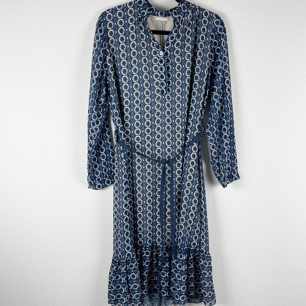 Made In Italy Geometric Dress Womens Blue Tiered Ruffle Midi Career